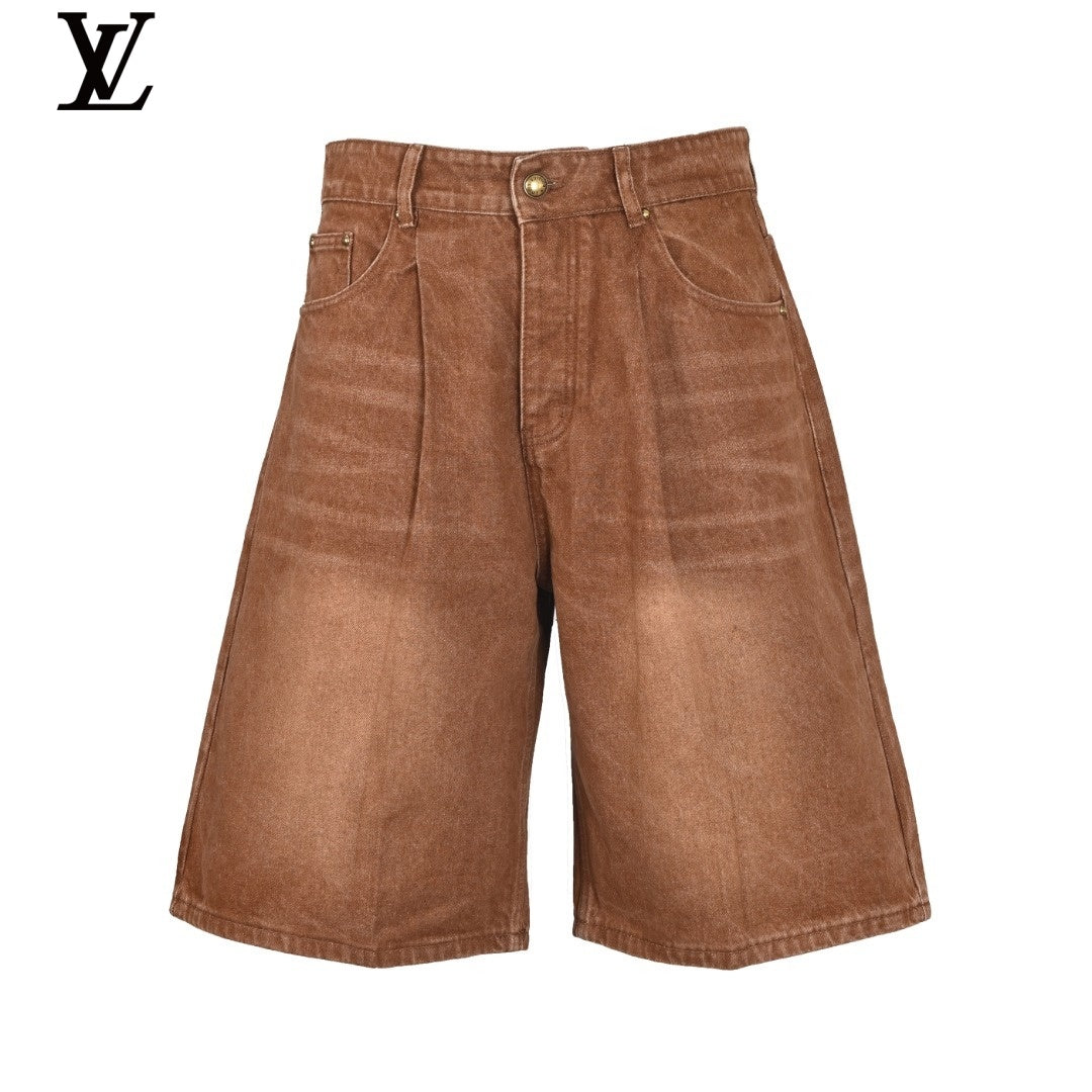 Louis Vuitton Washed Brown Pleated Denim Shorts