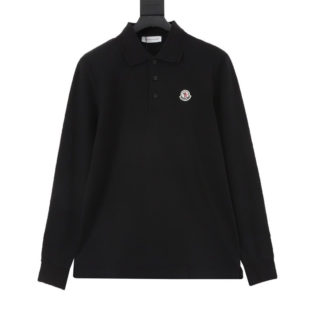 Moncler Women's Men's Black Logo Patch Long-Sleeve Polo Shirt
