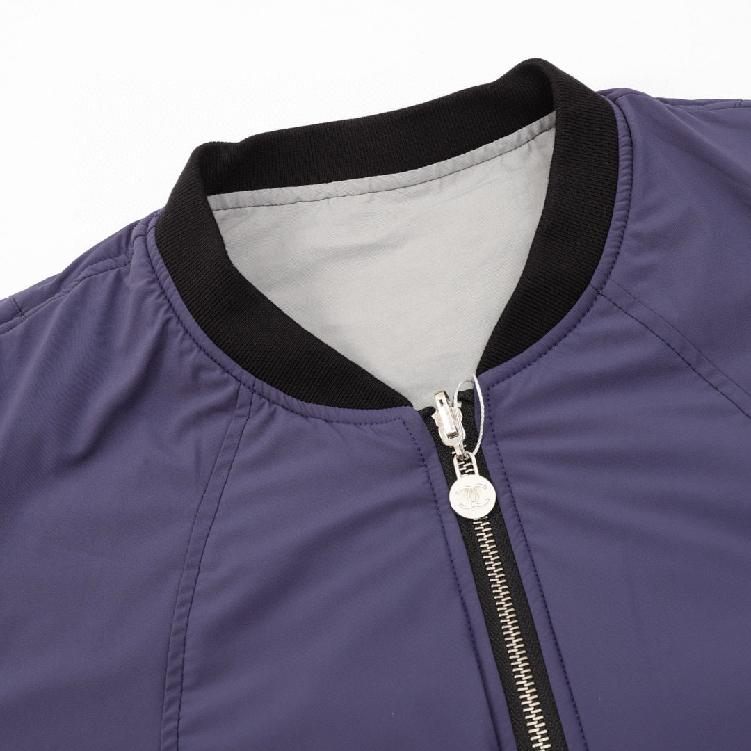 Chanel Reversible Quilted Cotton Jacket with Embroidered Slogan and Vintage-Style Zipper