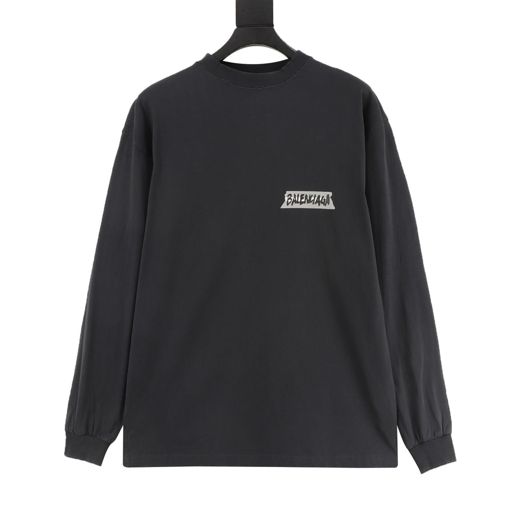 Balenciaga Masking Tape Plastisol Print Long Sleeve T-Shirt | Black Oversized Luxury Streetwear