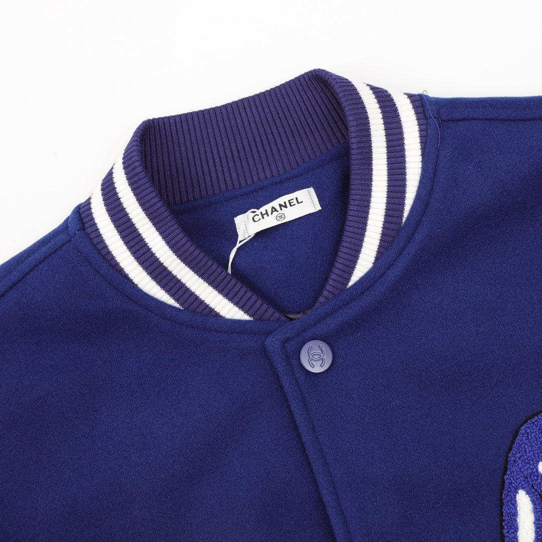 Chanel Paneled Flocked-Embroidery Varsity Jacket