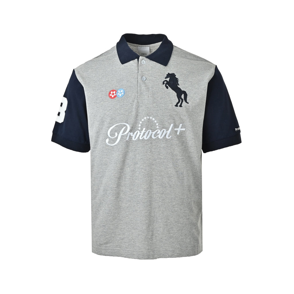 Protocol+ Grey & Navy Color-Block Horse Logo Polo Shirt