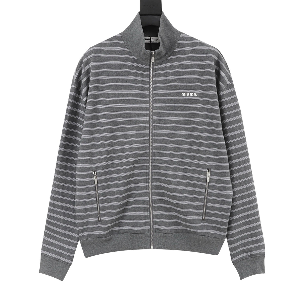 Miu Miu Women's Men's Grey Striped Stand-Collar Zip-Up Jacket