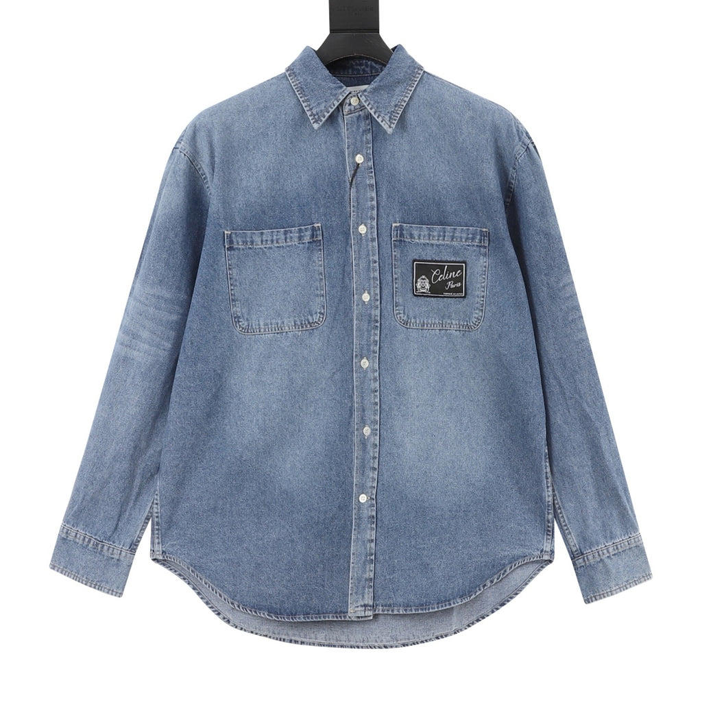 Celine Women's Men's Light Blue Logo Patch Long-Sleeve Denim Shirt