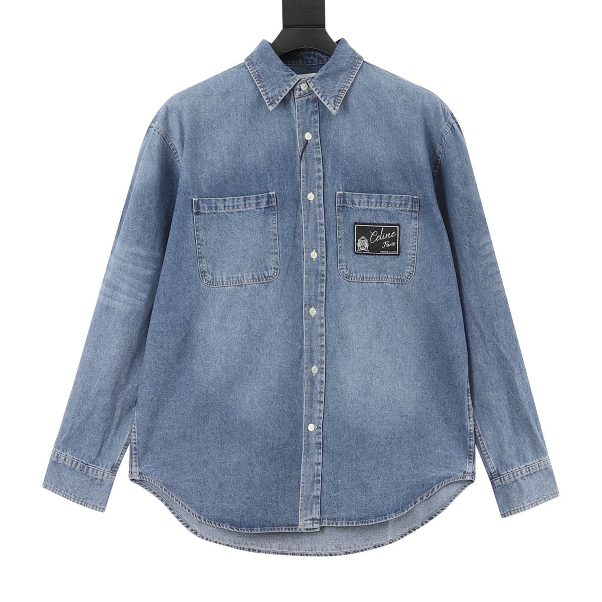 Celine Women's Men's Light Blue Logo Patch Long-Sleeve Denim Shirt
