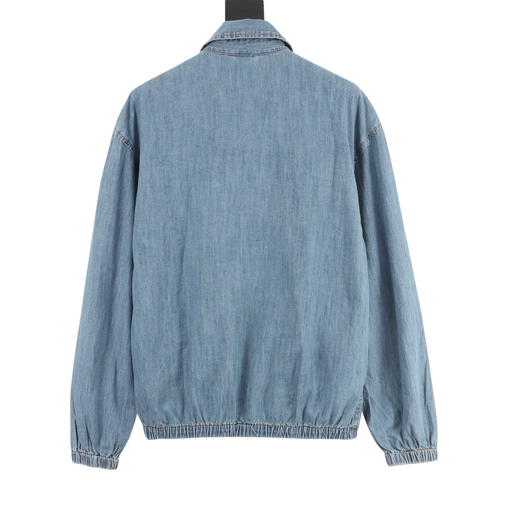 Miu Miu Washed Denim Bomber Jacket — Light Blue, Gold Topstitch | Made in Italy