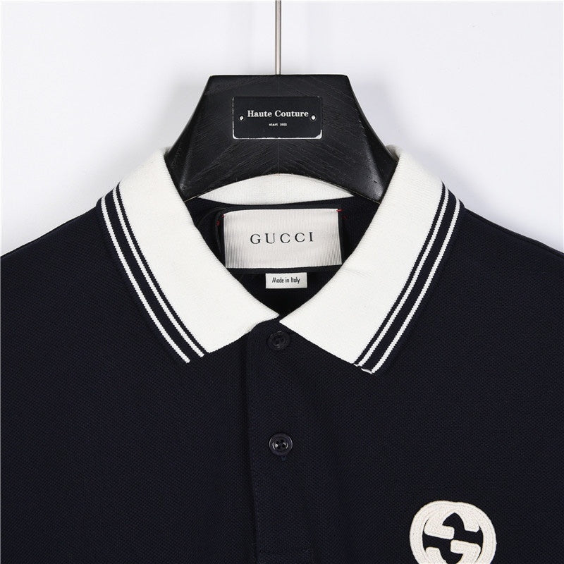 Gucci Interlocking G Patch Striped-Collar Polo Shirt in Navy