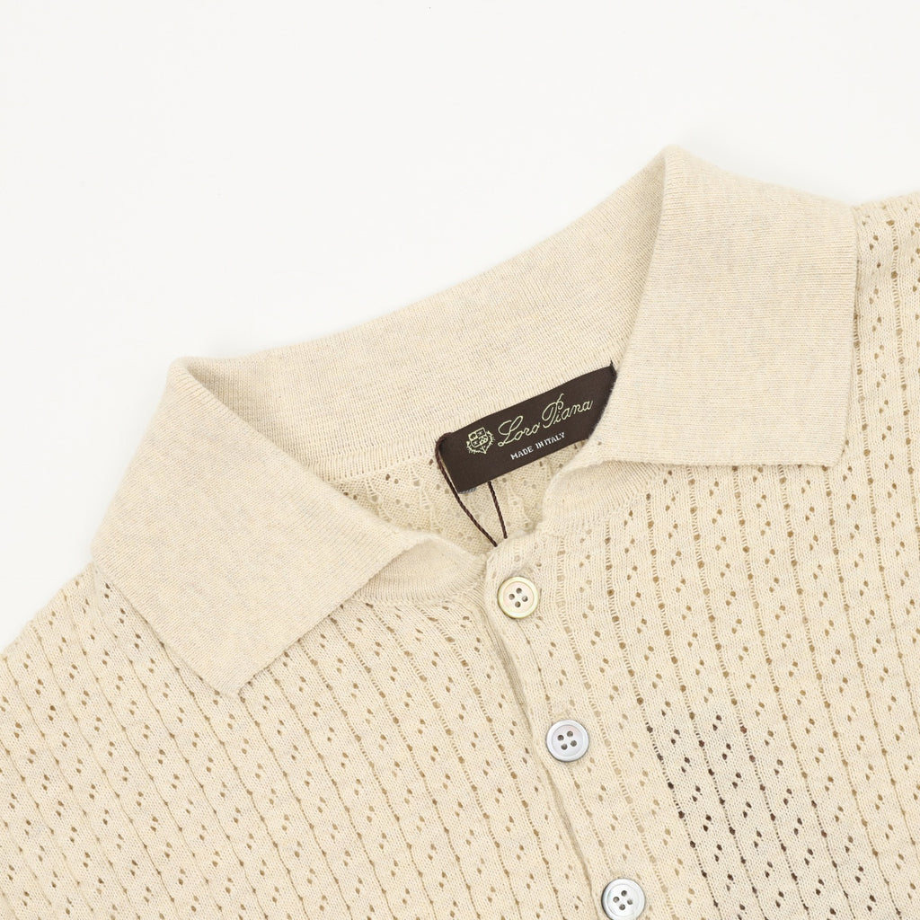 Loro Piana Openwork Knit Short-Sleeve Polo in Cream