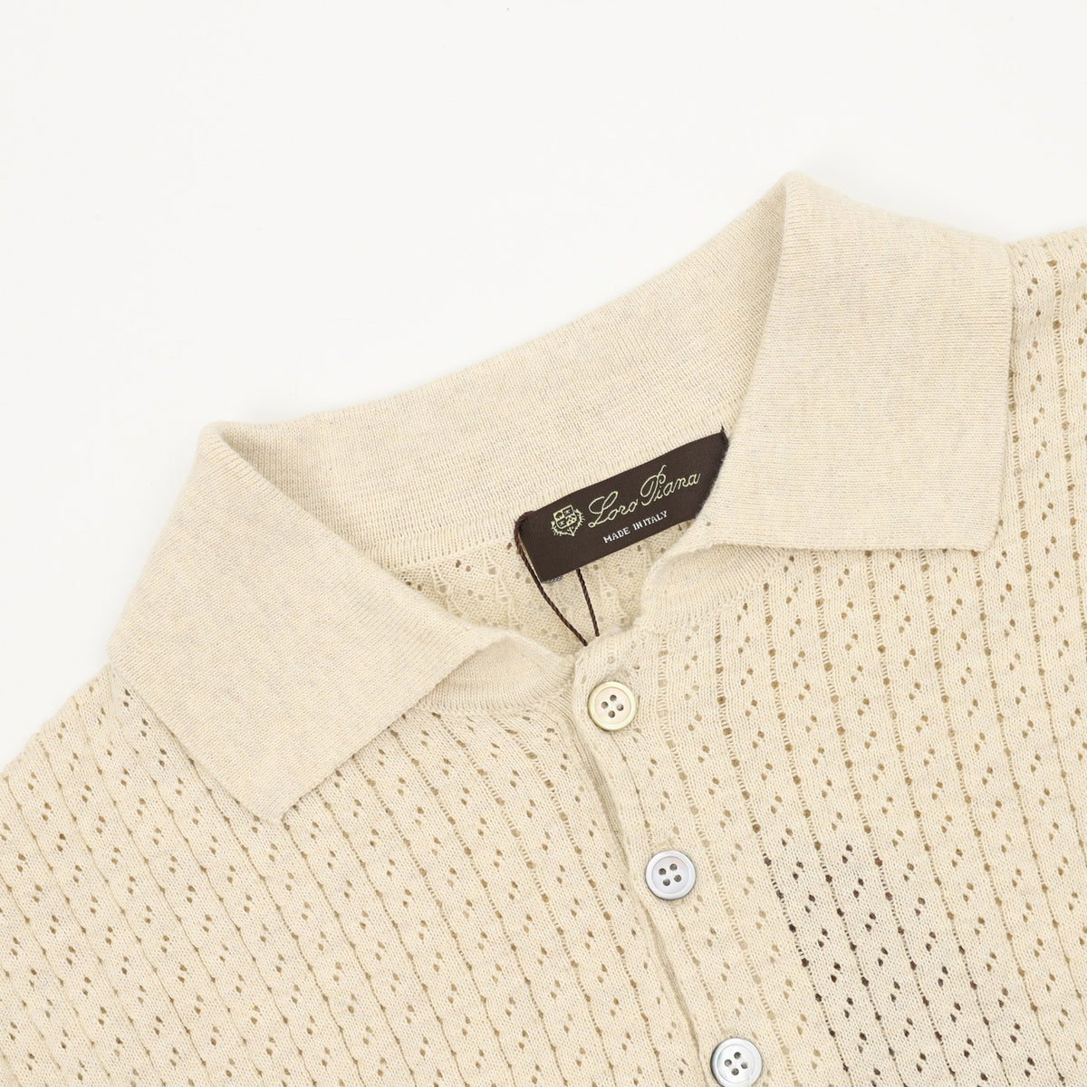 Loro Piana Openwork Knit Short-Sleeve Polo in Cream