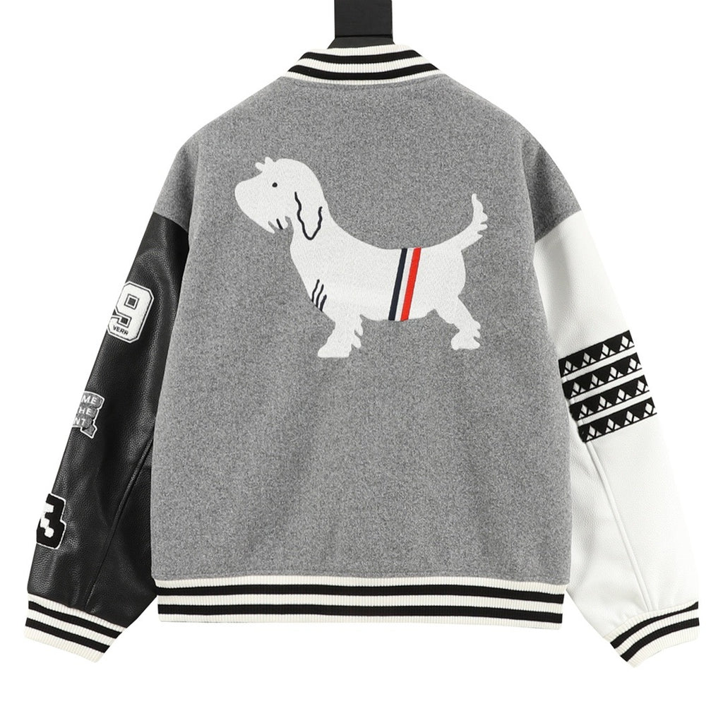 Thom Browne Women's & Men's Grey Letter Patch Leather-Sleeve Varsity Jacket