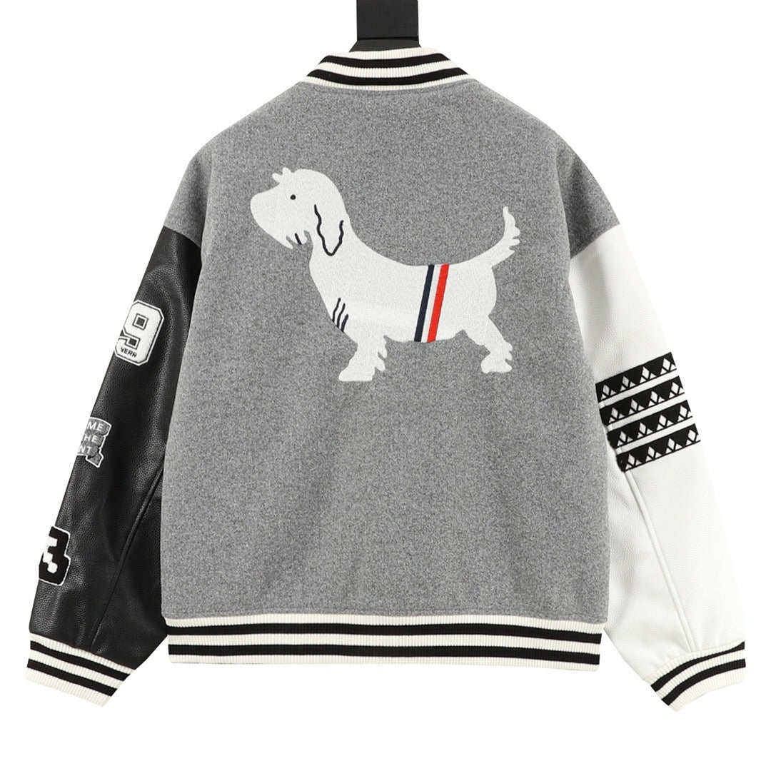 Thom Browne Women's & Men's Grey Letter Patch Leather-Sleeve Varsity Jacket