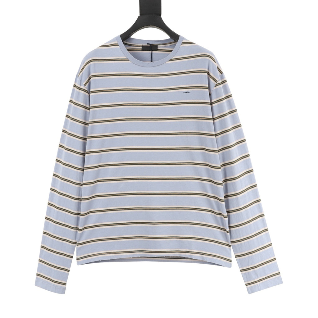 Prada Striped Long-Sleeve T-Shirt — PRD Letter Embroidery