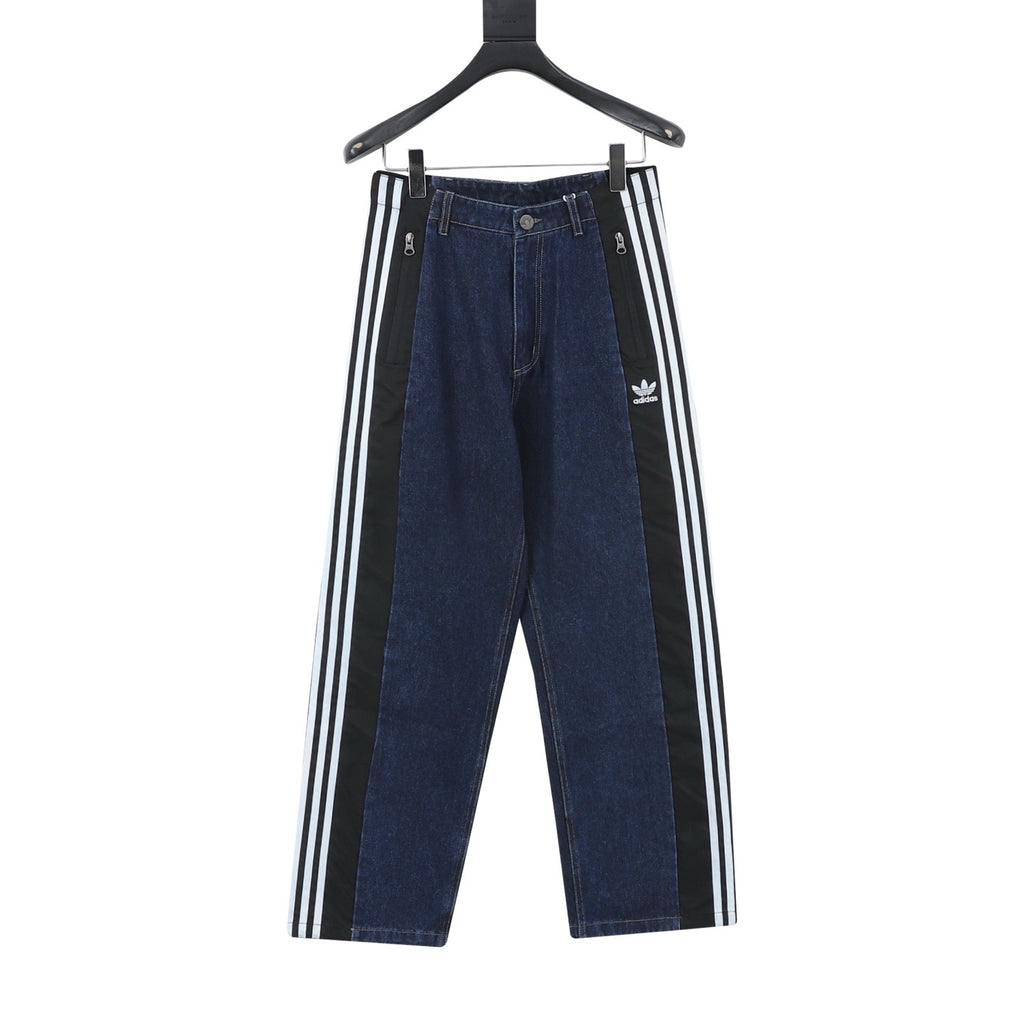 adidas Originals Women's Men's Black Side-Stripe Panelled Wide-Leg Denim Jeans