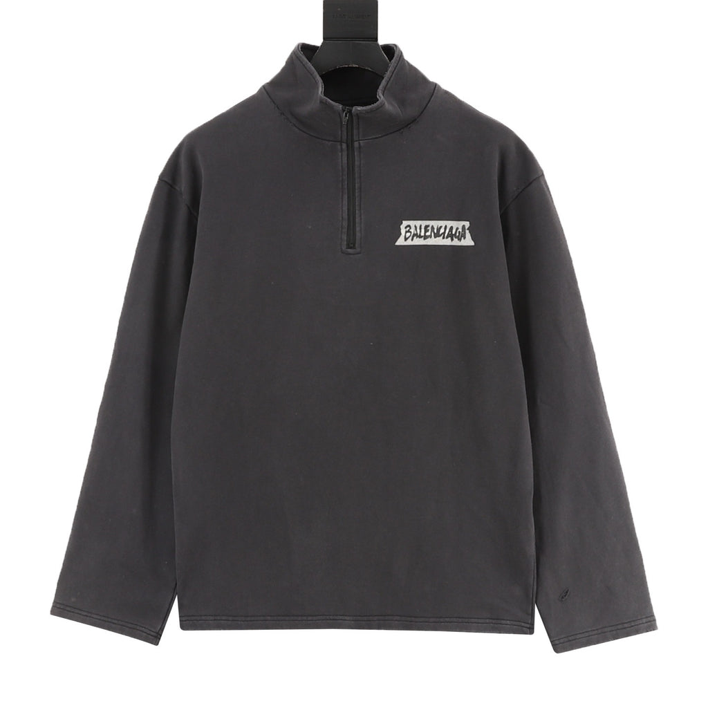 Balenciaga Tape Logo Half-Zip Turtleneck Sweatshirt | Washed Grey Back Print Distressed