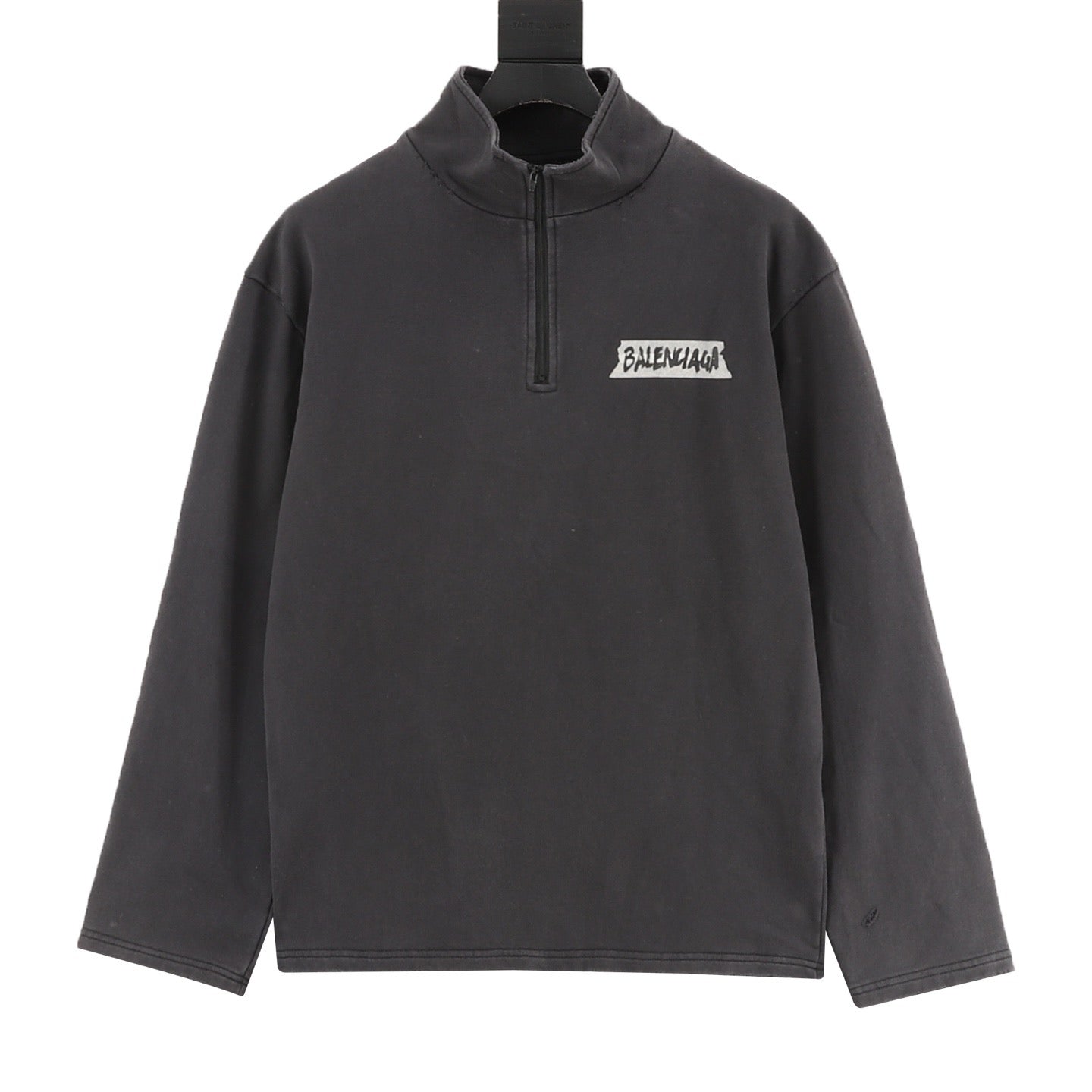 Balenciaga Tape Logo Half-Zip Turtleneck Sweatshirt | Washed Grey Back Print Distressed
