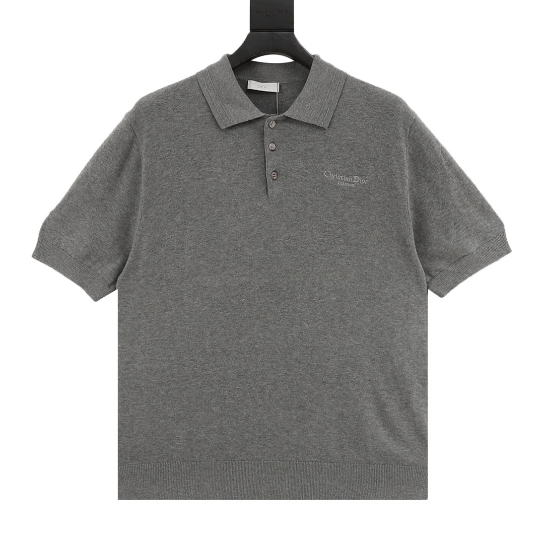 Dior Christian Dior Embroidered Short-Sleeve Knit Polo in Grey