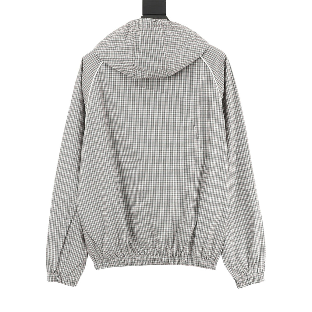 Miu Miu Check Technical Fabric Hooded Zip Jacket | Grey Plaid Lightweight Casual Outerwear