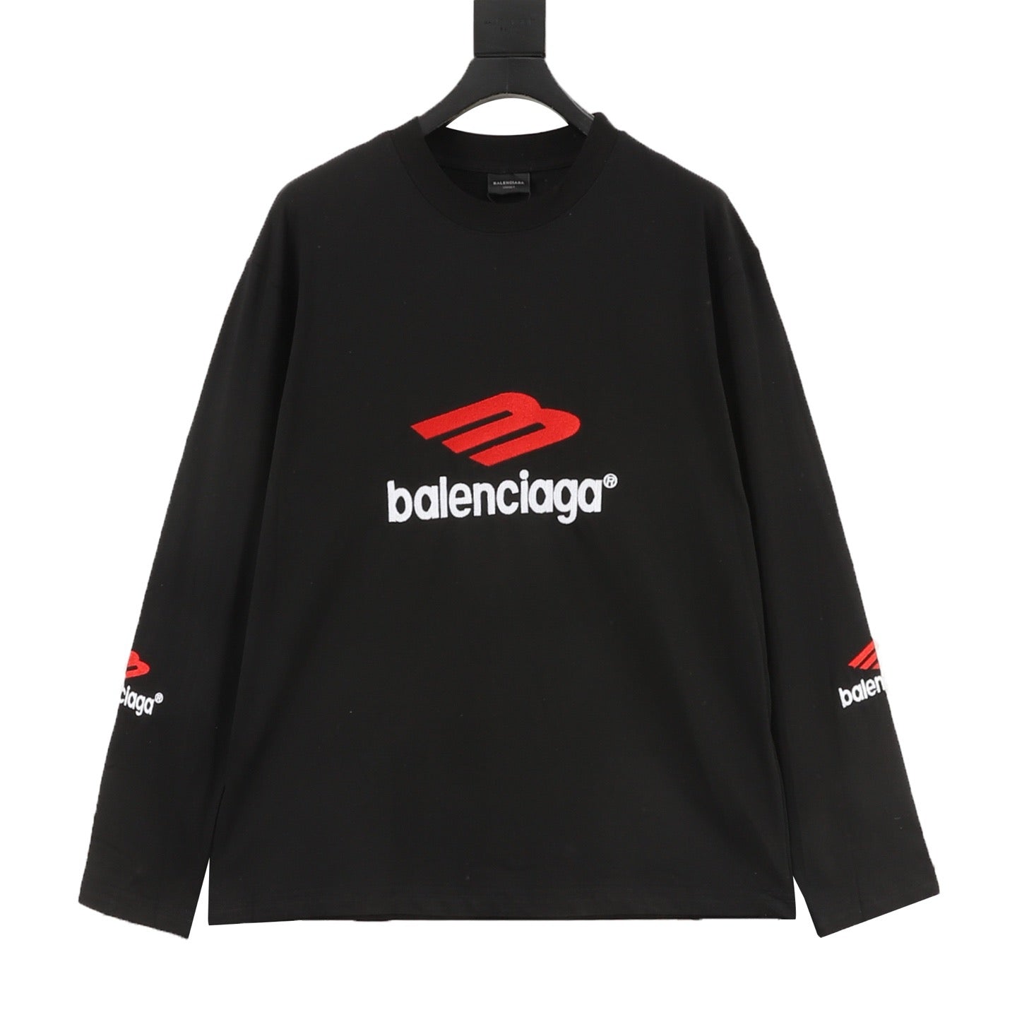 Balenciaga Classic 3M Reflective B Logo Embroidered Crewneck Long Sleeve T-Shirt | Black
