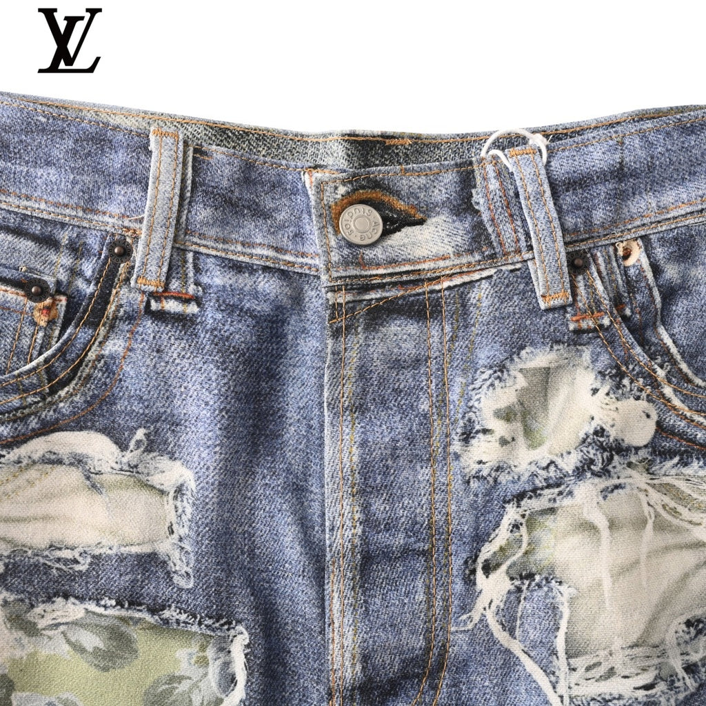 Louis Vuitton Men's Floral Patchwork Distressed Denim Shorts