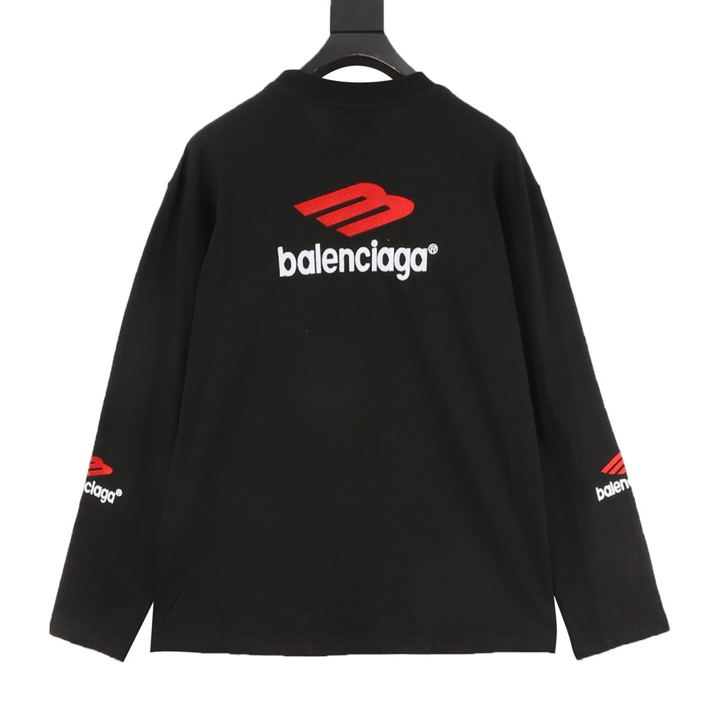 Balenciaga Classic 3M Reflective B Logo Embroidered Crewneck Long Sleeve T-Shirt | Black