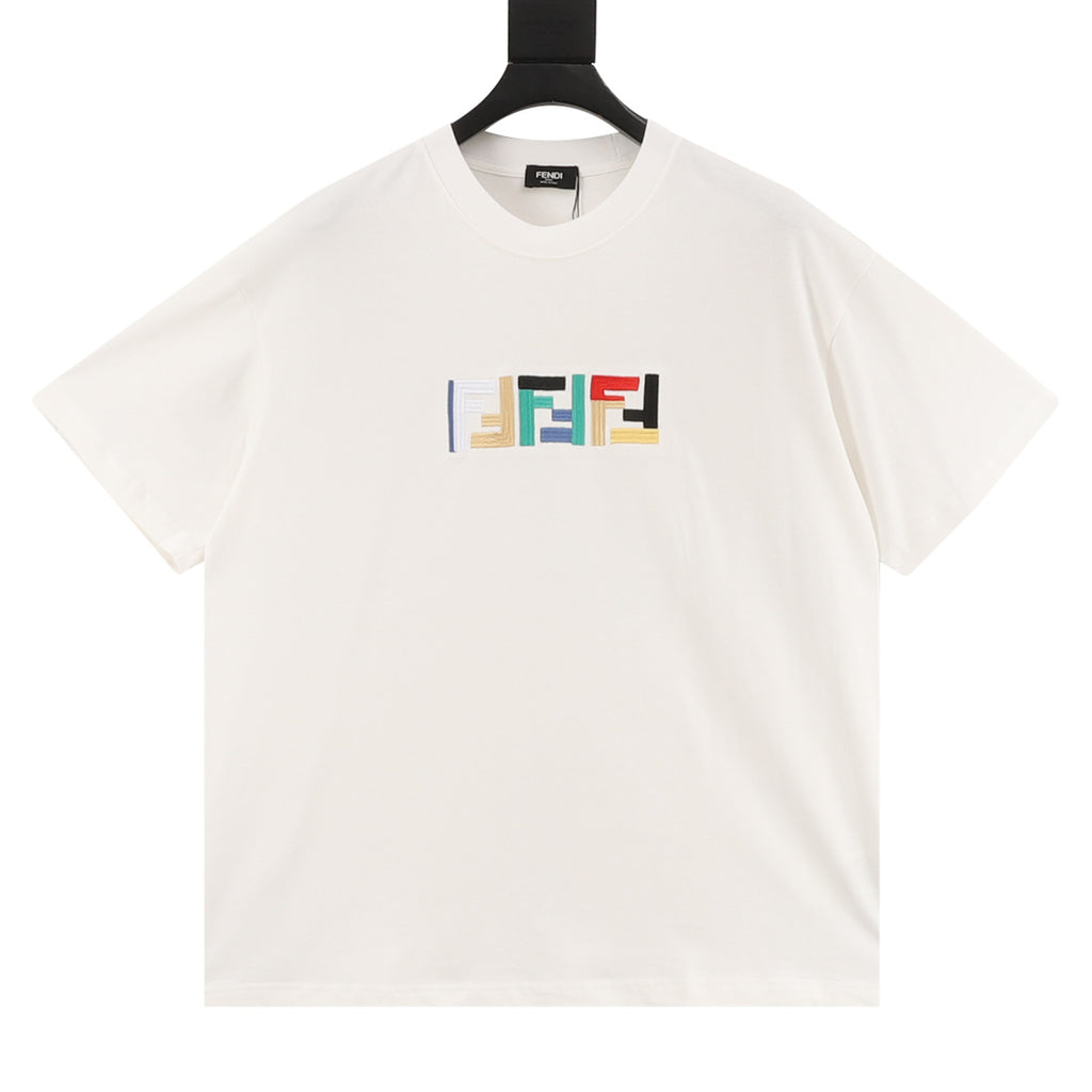 Fendi Multicolor FF Embroidered Short-Sleeve T-Shirt in Off-White