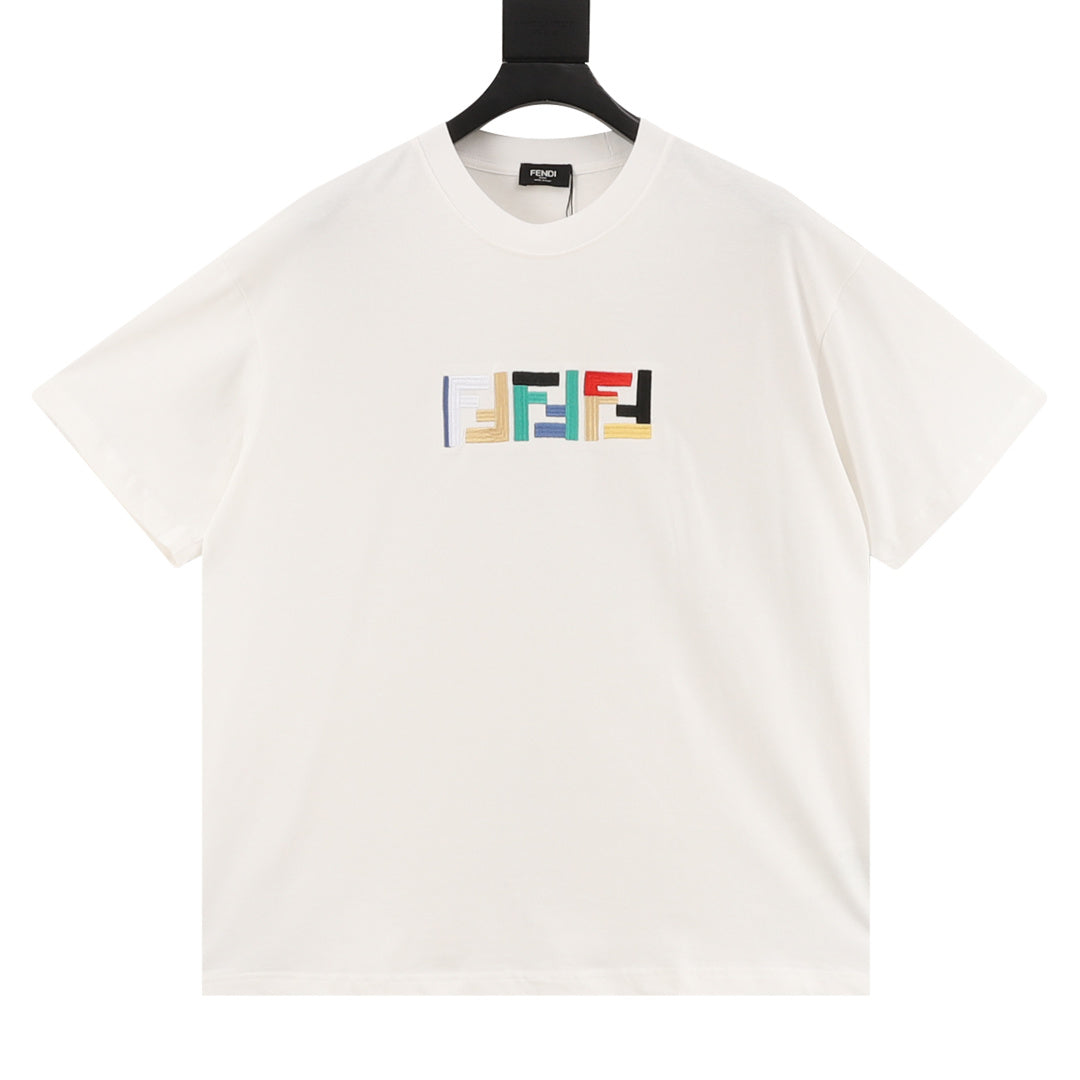 Fendi Multicolor FF Embroidered Short-Sleeve T-Shirt in Off-White