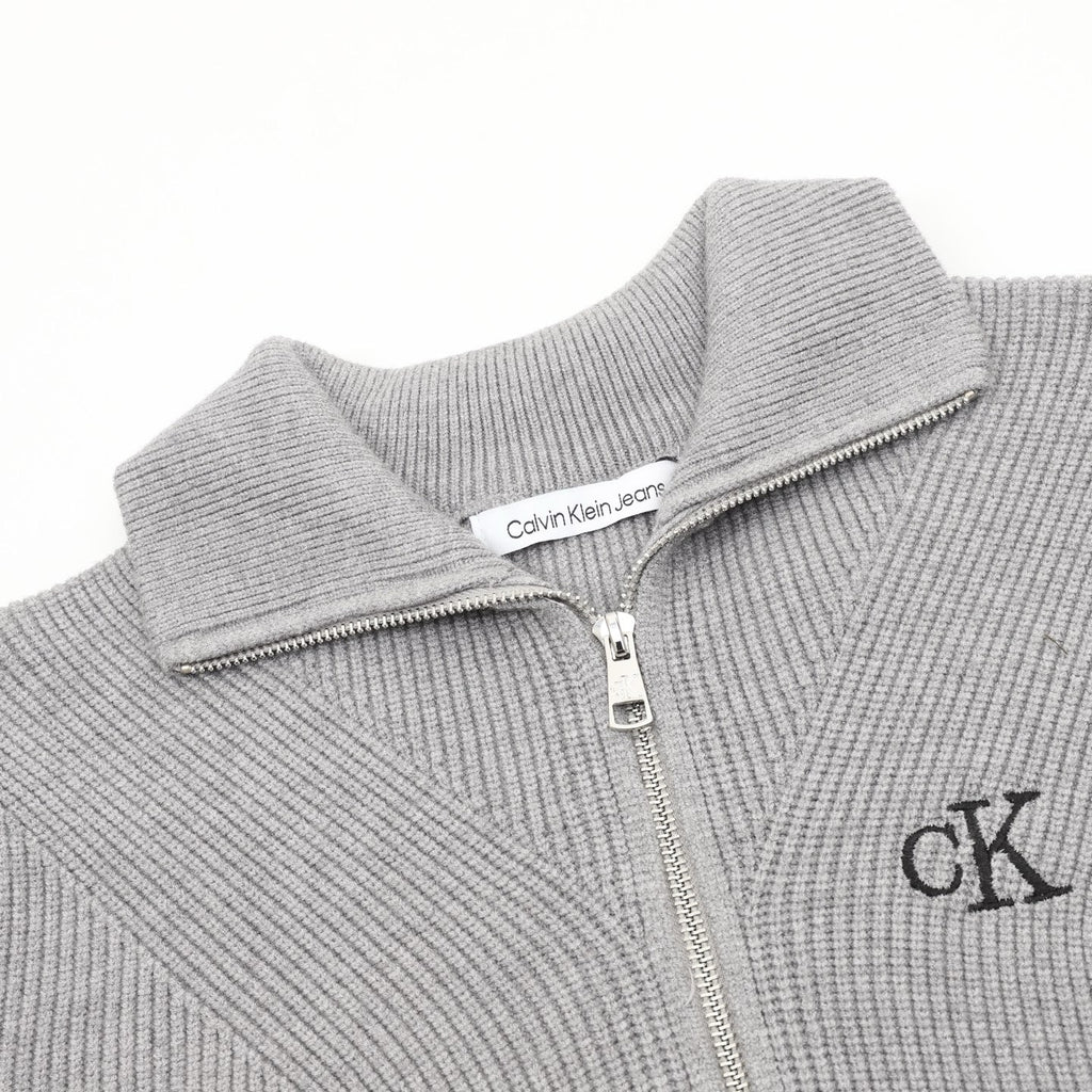 Calvin Klein Women's Men's Grey Full-Zip Ribbed Knit Sweater