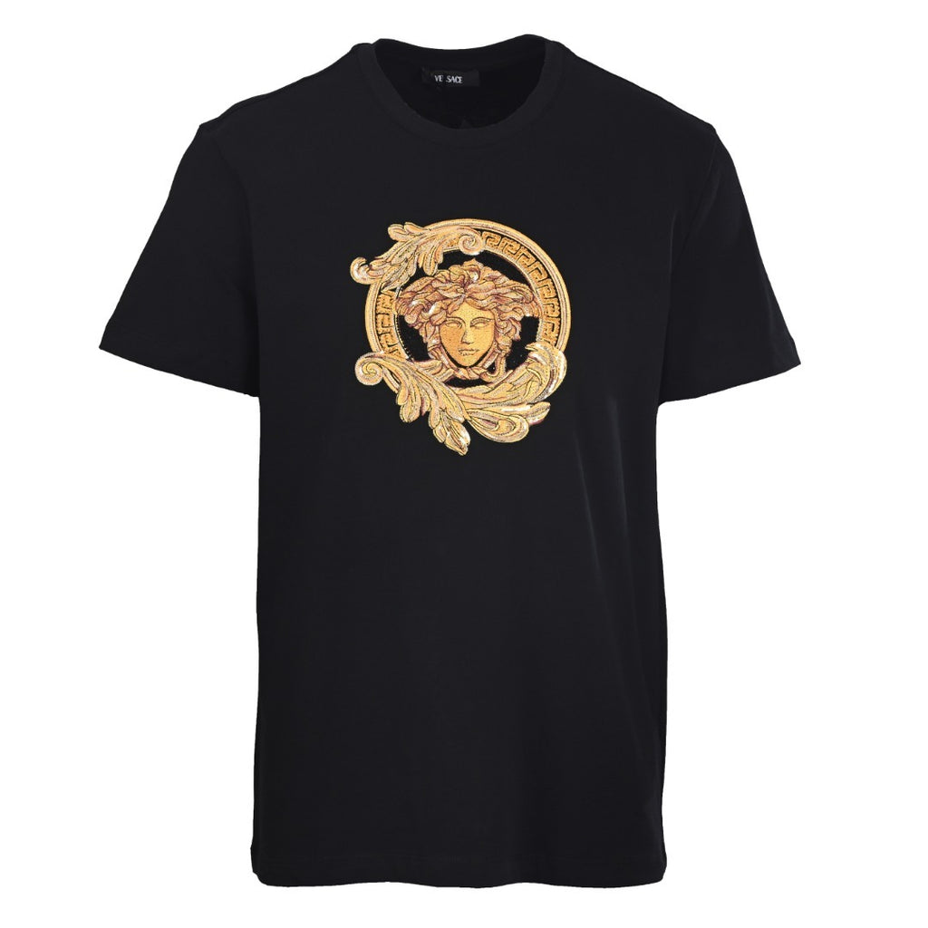 Versace Men's Black Gold Medusa Embroidered Short-Sleeve T-Shirt