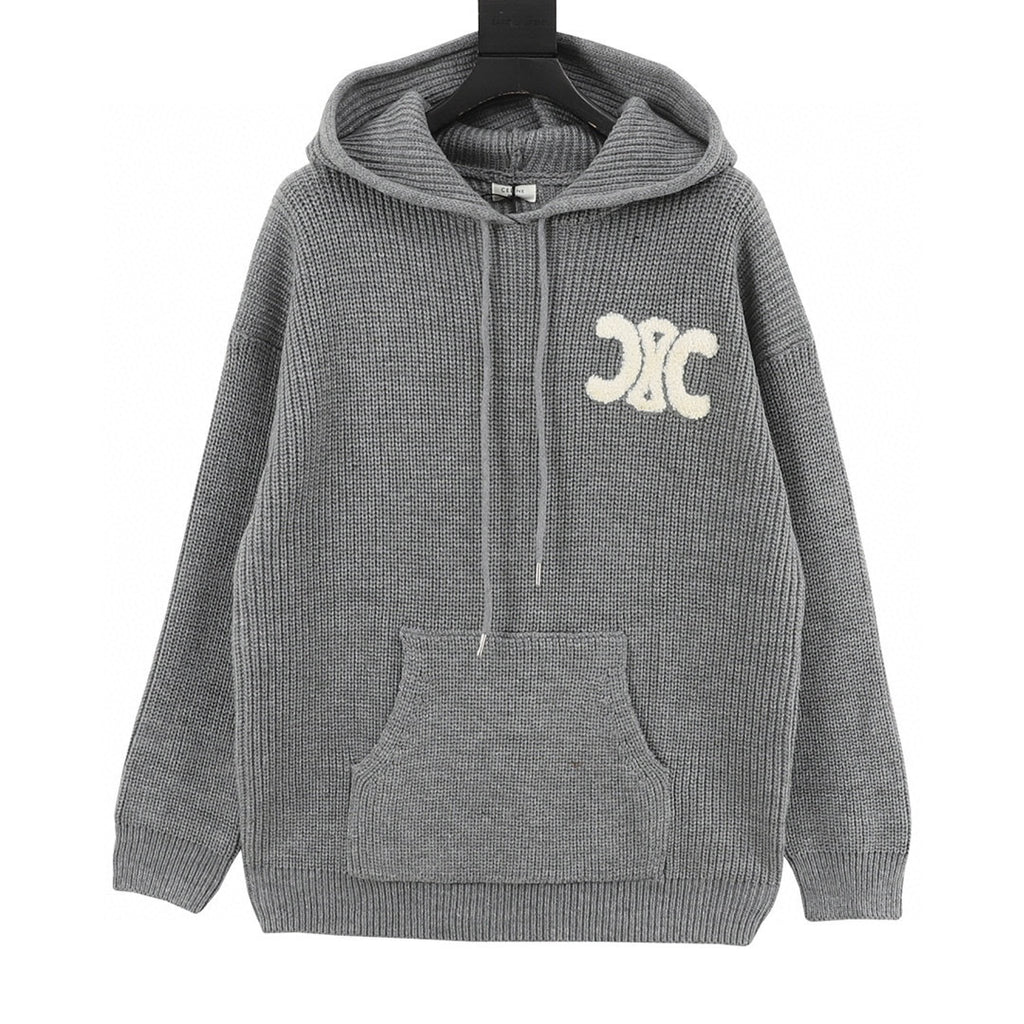 Celine Arc de Triomphe Chenille Logo Chunky Knit Hoodie