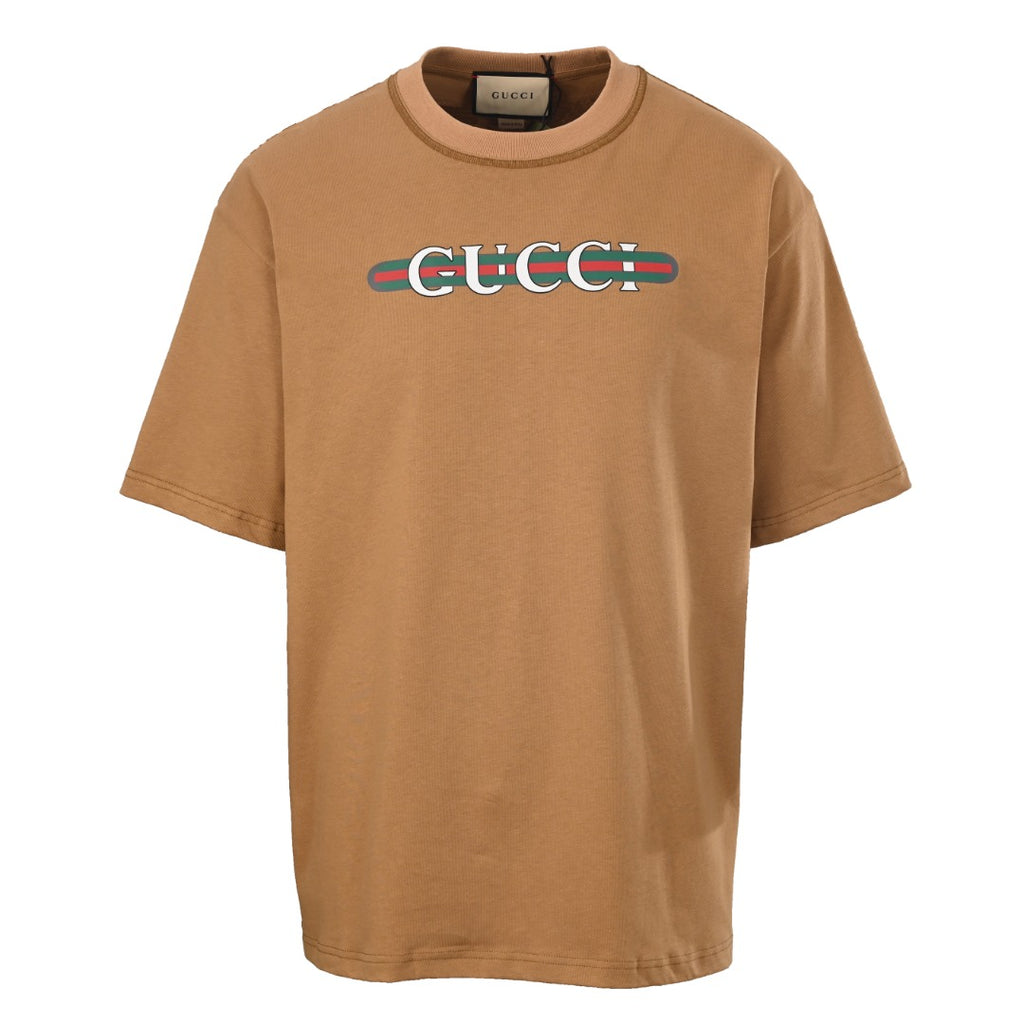 Gucci Web Logo Print Short-Sleeve T-Shirt in Camel