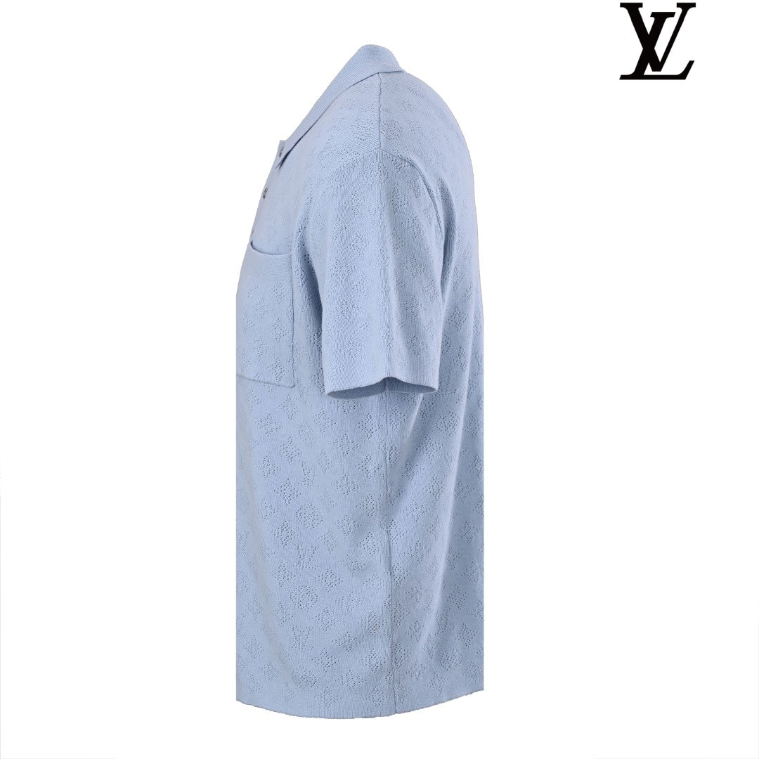 Louis Vuitton Men's Light Blue Monogram Knit Polo Shirt