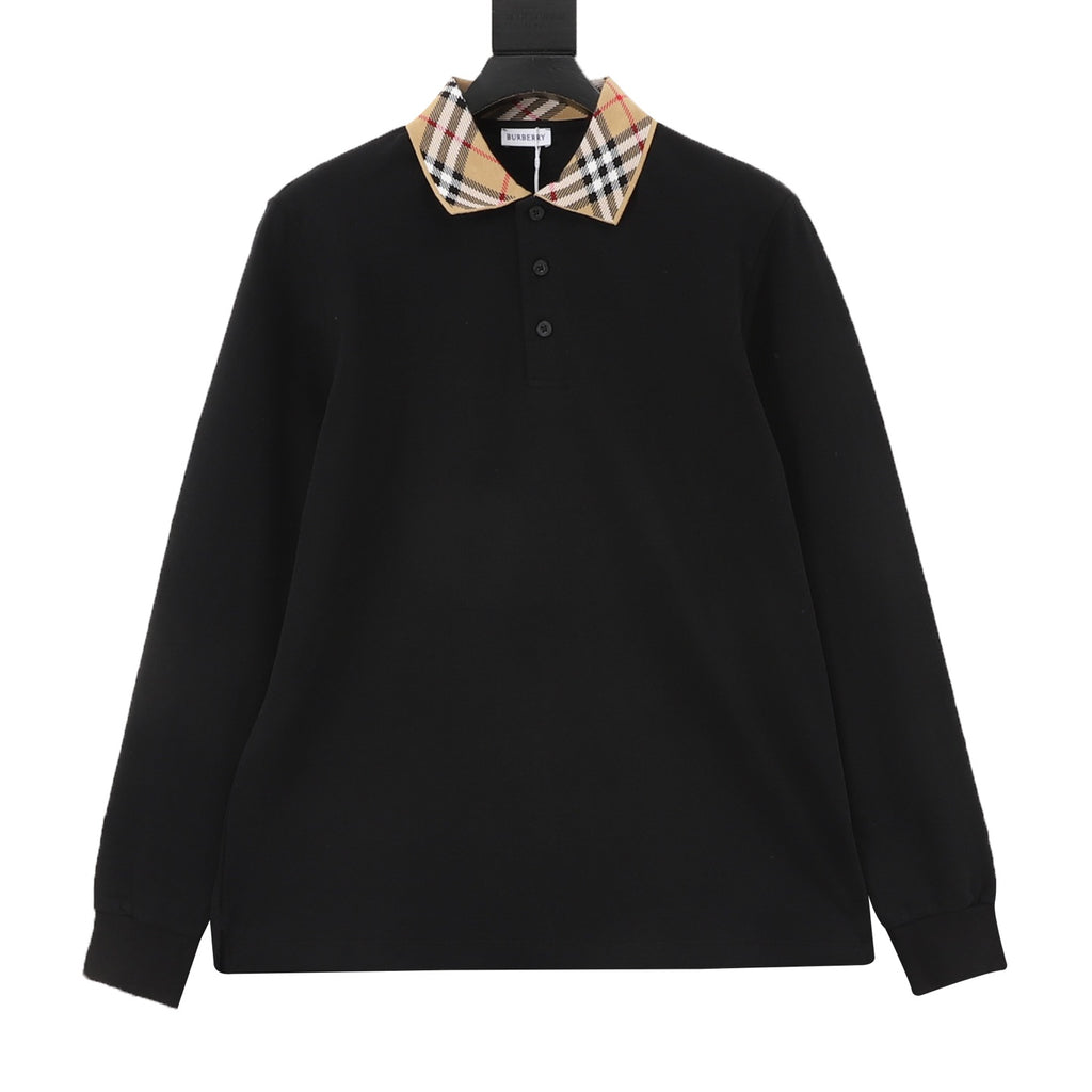 Burberry Women's & Men's Black Vintage Check Collar Long-Sleeve Polo Shirt
