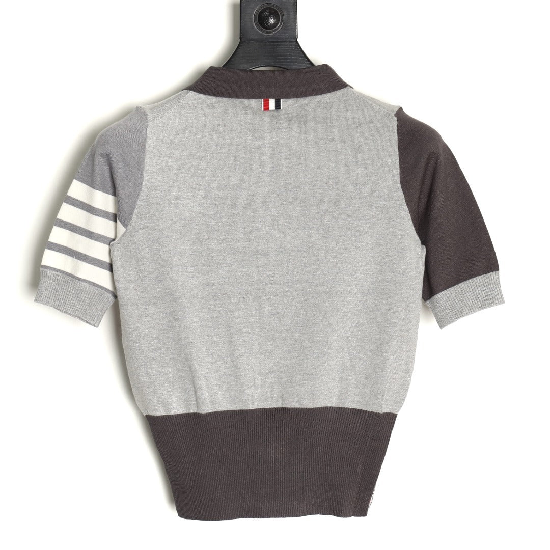 Thom Browne Color-Block 4-Bar Knit Short-Sleeve Polo in Grey