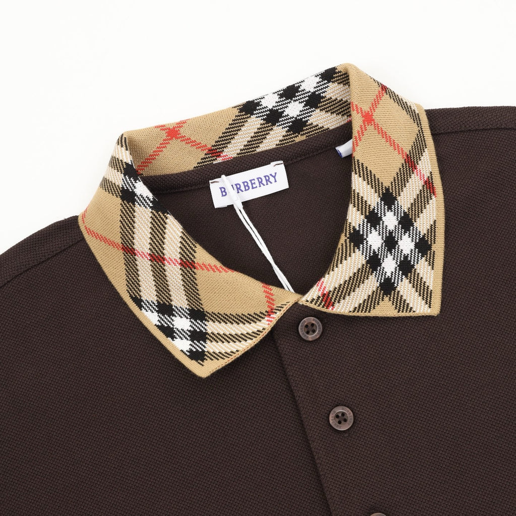 Burberry Women's & Men's Dark Brown Vintage Check Collar Long-Sleeve Polo Shirt