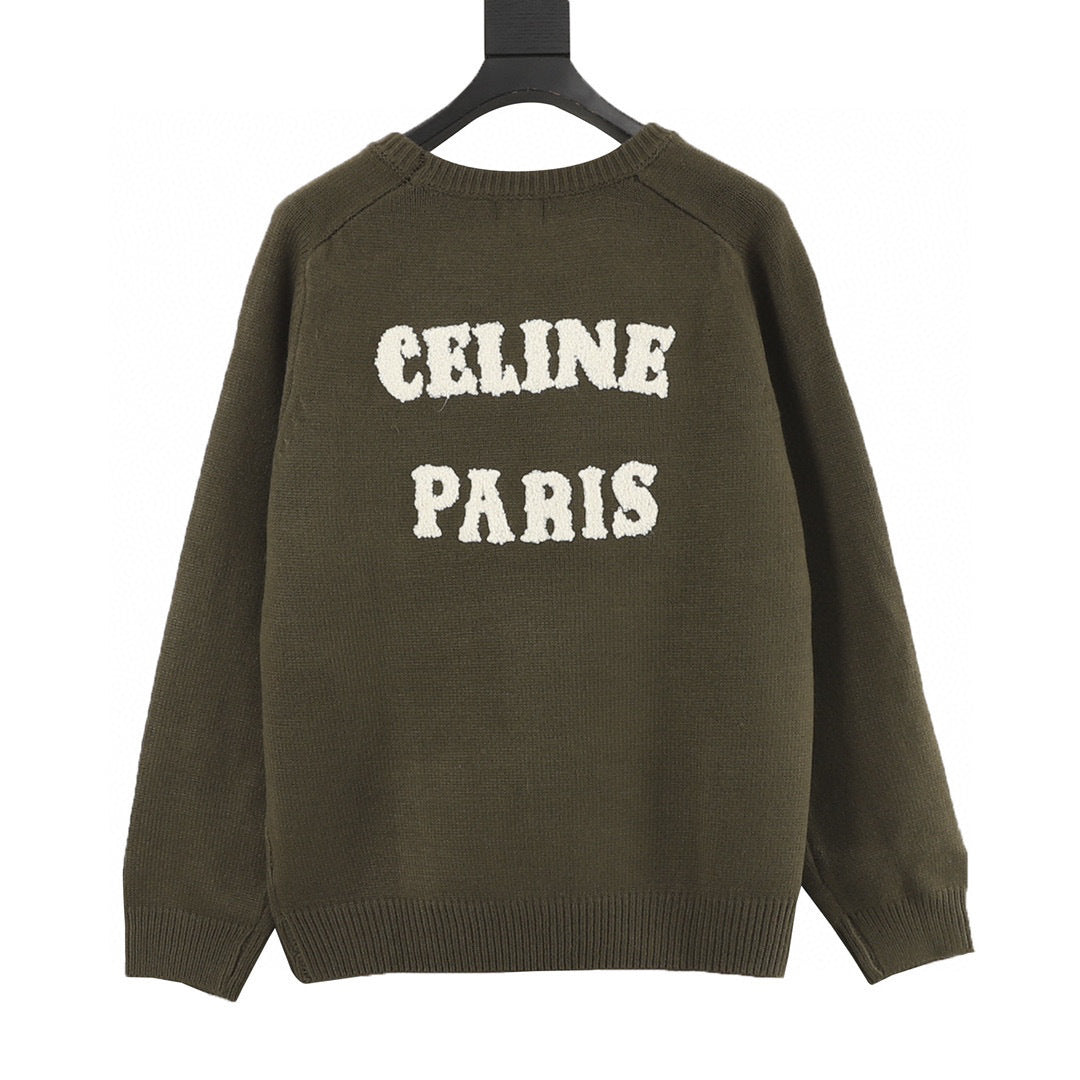 Celine Paris Back Chenille Appliqué Crew Neck Knit Sweater