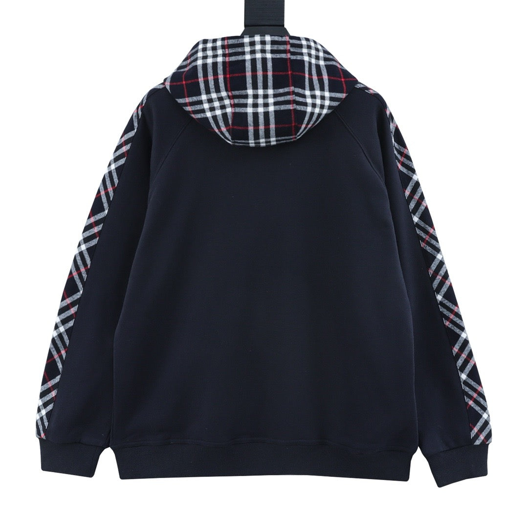 Burberry Women's Men's Navy Check Panel Zip-Up Hoodie