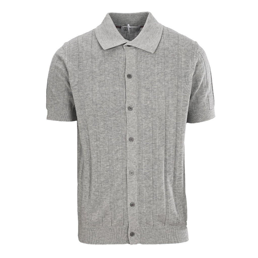 Brunello Cucinelli Cable-Knit Short-Sleeve Polo in Grey