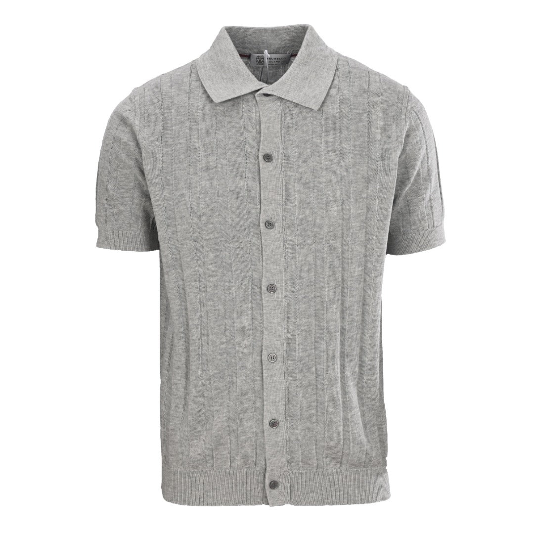 Brunello Cucinelli Cable-Knit Short-Sleeve Polo in Grey