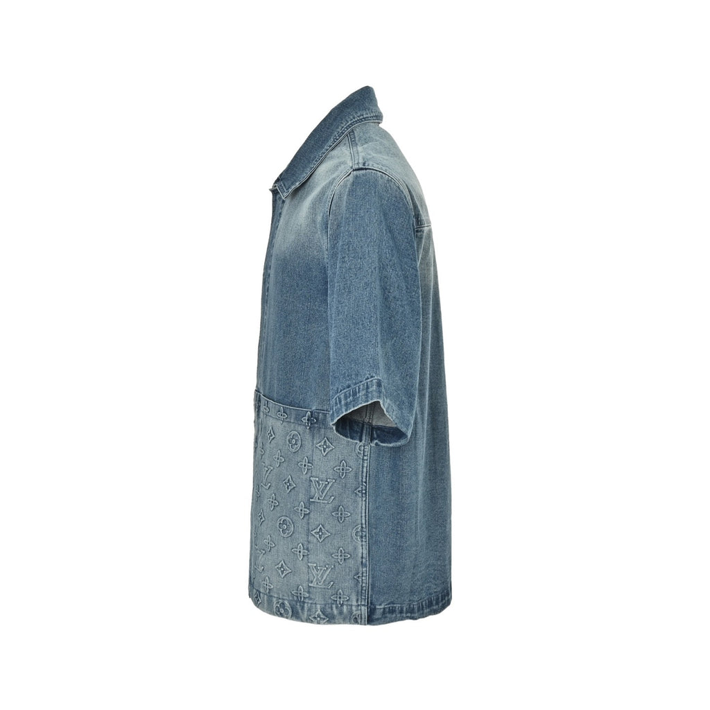 Louis Vuitton Monogram-Embossed Short-Sleeve Denim Shirt in Blue