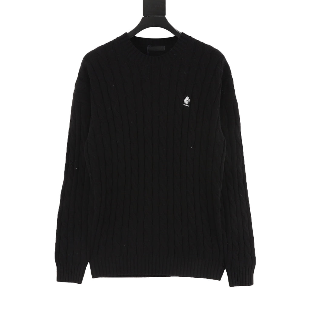 Prada Resort Anchor Logo Cable Knit Crewneck Sweater | Black Nautical Luxury Knitwear