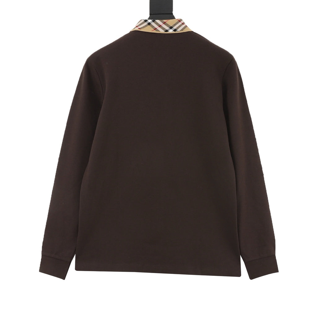 Burberry Women's & Men's Dark Brown Vintage Check Collar Long-Sleeve Polo Shirt
