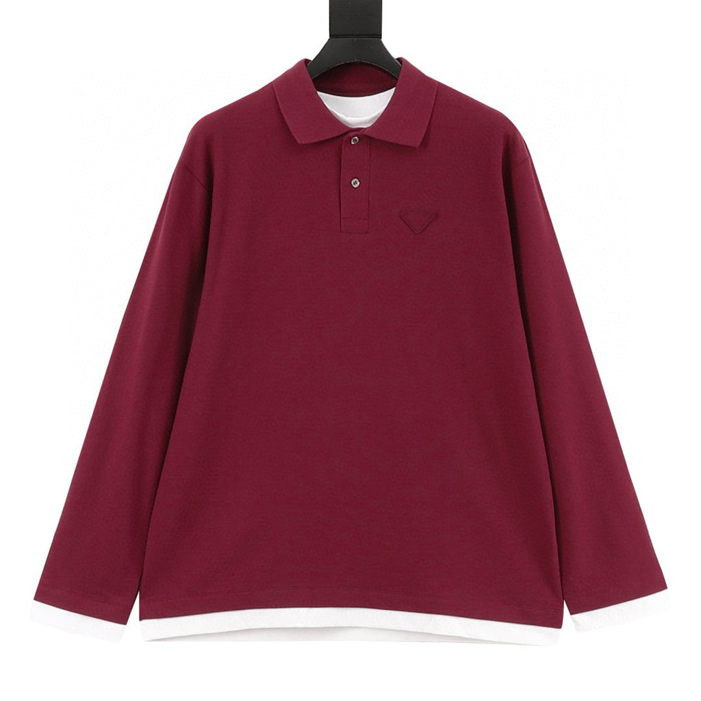 Prada Faux-Layered White Cuff Piqué Cotton Long-Sleeve Polo Shirt