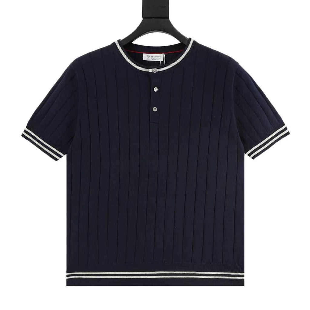 Brunello Cucinelli Striped Patchwork Knit Short-Sleeve Top