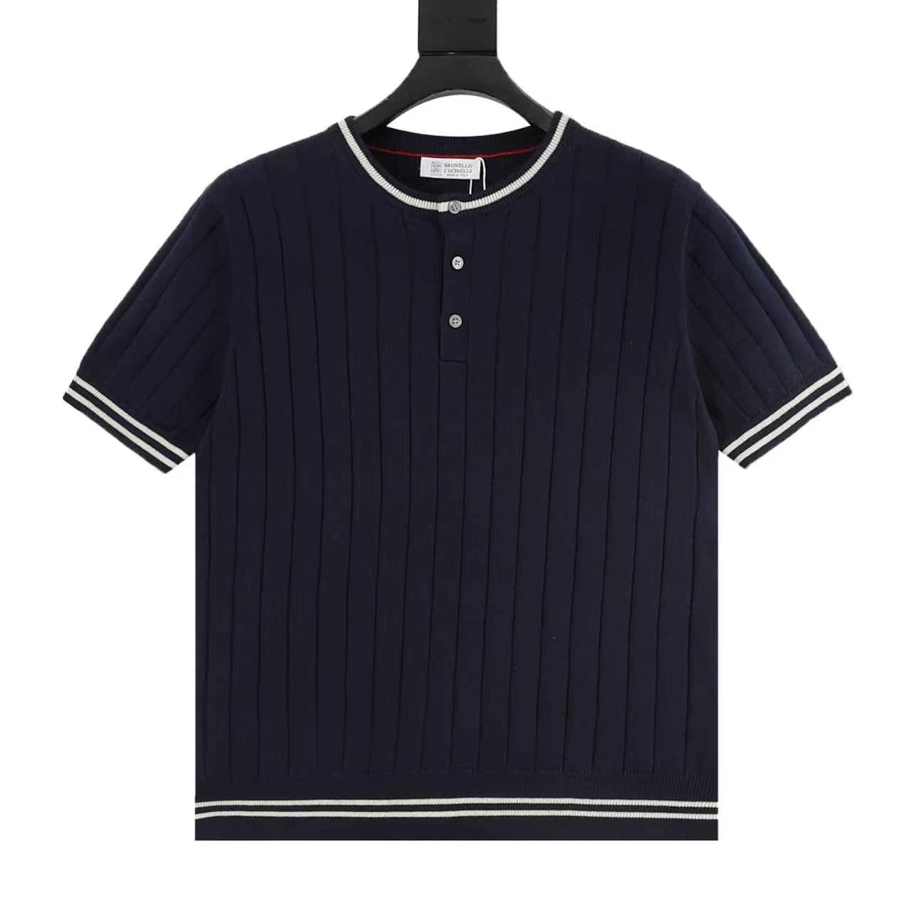 Brunello Cucinelli Striped Patchwork Knit Short-Sleeve Top