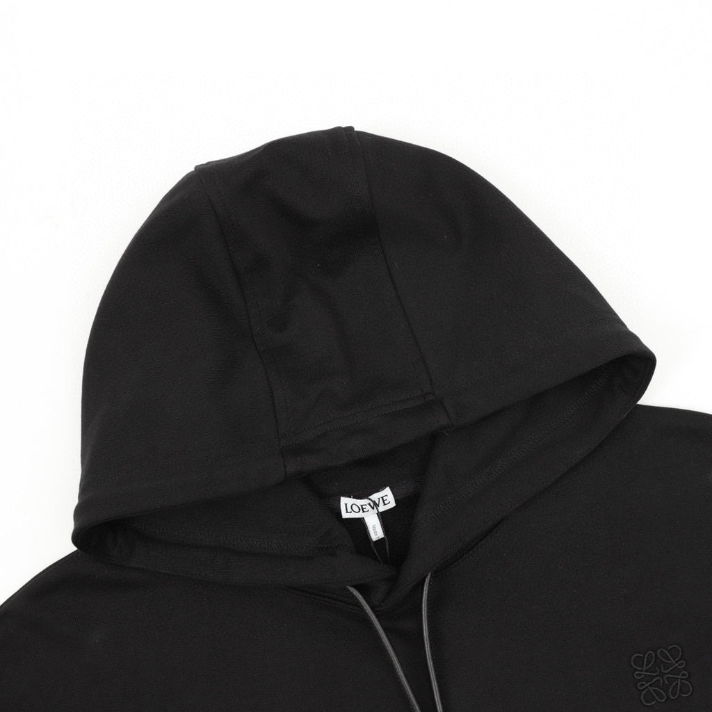 Loewe Anagram Leather Drawstring Hoodie — Black