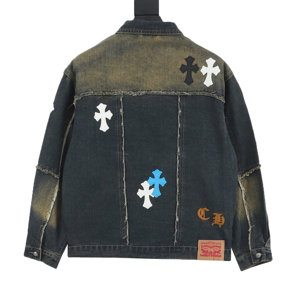 Chrome Hearts Women's / Men's Cross-Patch Distressed Denim Jacket in Vintage Blue