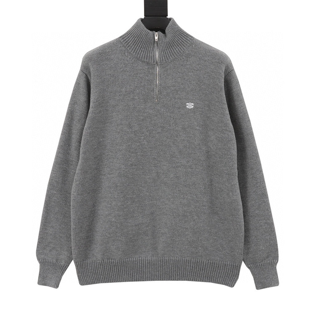 Chanel CC Logo Tonal Embroidered Half-Zip Mock Neck Knit Sweater