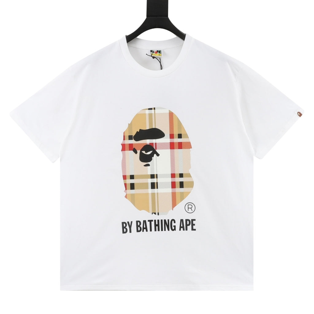 BAPE Men's White Plaid Ape Head T-Shirt