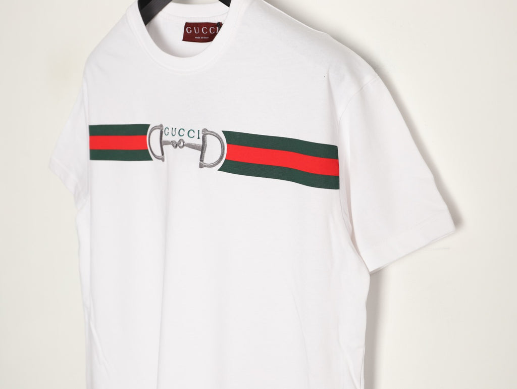 Gucci Web Stripe and Horsebit Print Short-Sleeve T-Shirt in White
