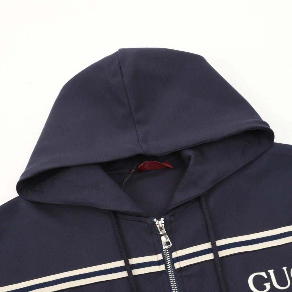 Gucci Women's Men's Navy Stripe Logo Full-Zip Hooded Jacket